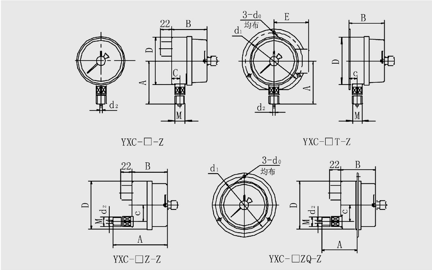 YXC-100-ZⅢ軸向帶邊耐震電接點壓力表外形尺寸